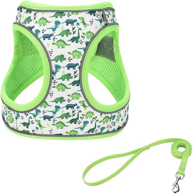 M Green Dinosaur Pattern Dog Harness and Leash Set,No Escape Puppy Harnesses for Training Walking，Breathable Adjustable Puppy Vest for Small Medium Dogs, Cats (Green, M)
