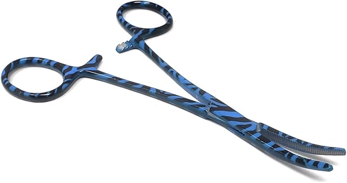 Dog Pet Ear/Nose Hair Puller Grooming Hemostat Locking Forceps Curved Pliers, 5.5" (14cm) Full Serrated Clamps Stainless Steel (Blue Candy Swirls)