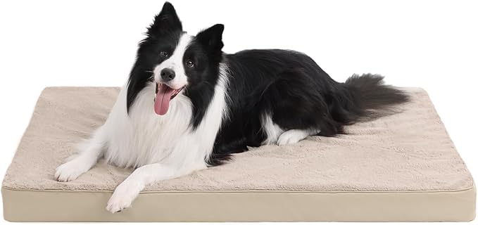 KSIIA Orthopedic Dog Bed Crate Waterproof Pet Mats for Large Dogs Deluxe Plush Washable Pet Bed with Egg Crate Foam & Removable Cover, 35 x 22 Inch, Khaki