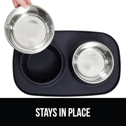GORILLA GRIP Feeding Mat Bowl Set, 100% Waterproof BPA Free Silicone Base, 304 Stainless Steel Cat and Dog Bowls for Food and Water, Slip Resistant, High Edge, US Designed, Patent Pending, 2 Cup Black
