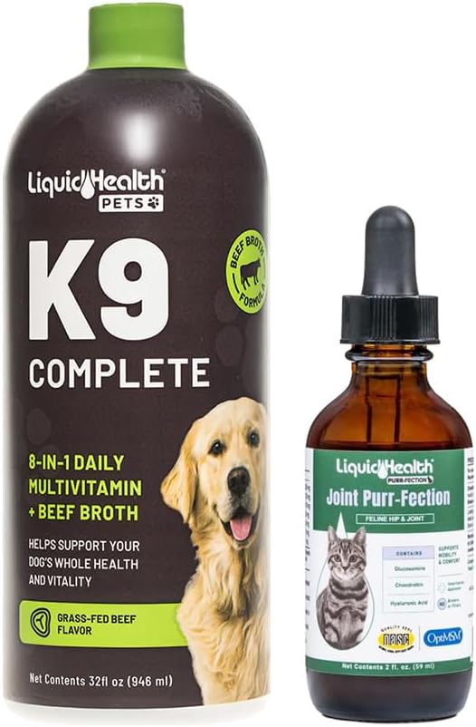 LIQUIDHEALTH Pets K9 Complete 8-in-1 Multivitamin for Dogs & Puppies & Joint Purr-Fection Glucosamine Chondroitin Drops for Cats - USA Made Pet Supplements for Joint Health, Immune Support