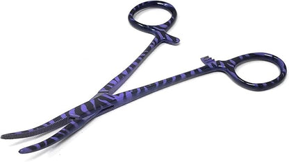 Dog Pet Ear/Nose Hair Puller Grooming Hemostat Locking Forceps Curved Pliers, 5.5" (14cm) Full Serrated Clamps Stainless Steel (Purple Candy Swirls)