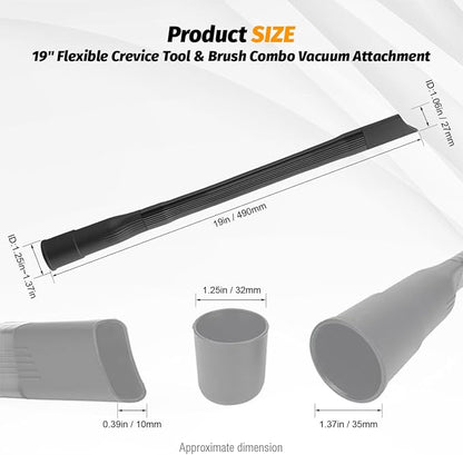 Universal 19" Flexible Crevice Tool & Brush Combo Vacuum Attachment for Car Detailing Dryer Lint Pet Hair, Fits 1-1/4" or 1-3/8 inch Connector Hoses Helps Clean Cobwebs on the ceiling Under Furniture