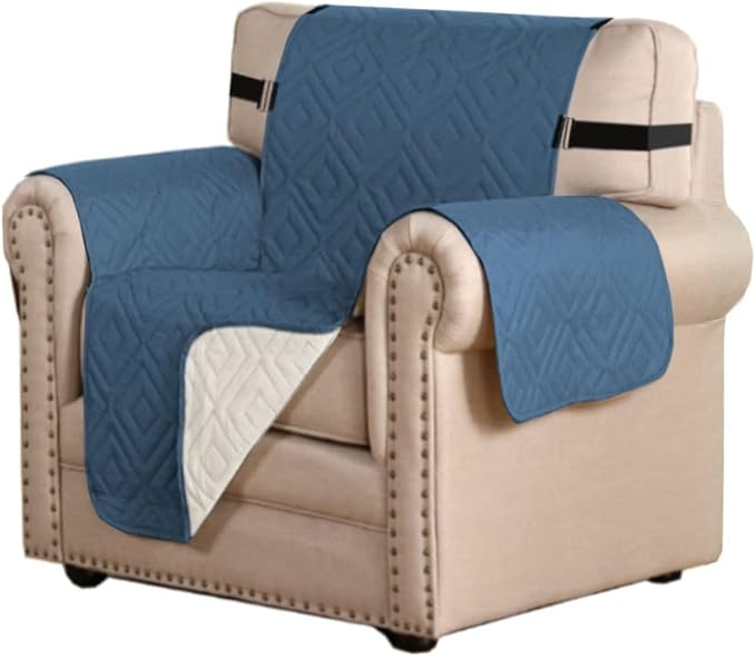 H.VERSAILTEX Reversible Chair Cover Furniture Protector Anti-Slip Couch Cover Water Resistant 2" Elastic Straps Chair Slipcover Pets Fit Sitting Width Up to 21" (Chair:75" x 65", Dark Blue/Beige)