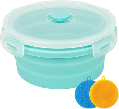 Collapsible Bowl Silicone Collapsible Container Food Storage Containers Collapsible Camping Bowl for Travel Camping Hiking with Airtight Plastic Lids and 2Pack Silicone Dish Sponges- Blue, 800ml