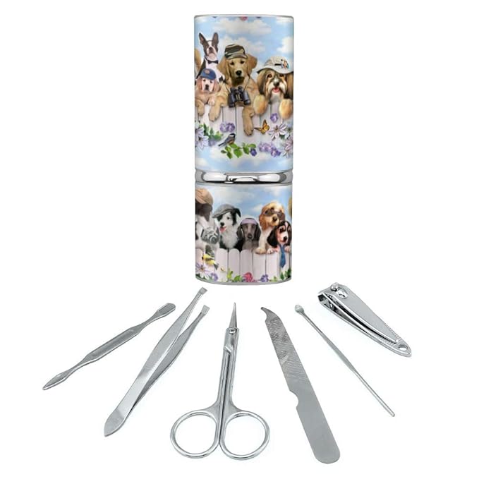 Dogs Outdoors on Fence Pattern Stainless Steel Manicure Pedicure Grooming Beauty Care Travel Kit