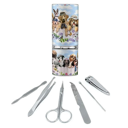Dogs Outdoors on Fence Pattern Stainless Steel Manicure Pedicure Grooming Beauty Care Travel Kit