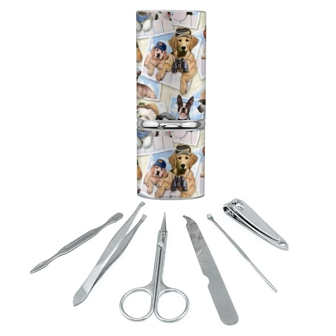 Cool Dogs on Framed on Fence Pattern Stainless Steel Manicure Pedicure Grooming Beauty Care Travel Kit