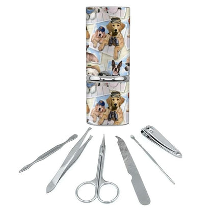 Cool Dogs on Framed on Fence Pattern Stainless Steel Manicure Pedicure Grooming Beauty Care Travel Kit