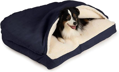 Snoozer Rectangle Cozy Cave Dog Bed - Indoor Dog Bed with Cover Cave, Covered Calming Burrow for Medium & Large Sized Pets with Blanket Attached, Enclosed, Washable Cover - Large, Navy