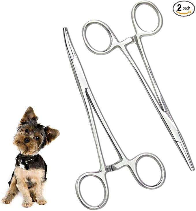 Pets ears/nose hair Puller Straight & Curved full serrated, stainless steel Home Hemostat Locking Forceps, Professional pet grooming tool for cats & dogs 2pcs set