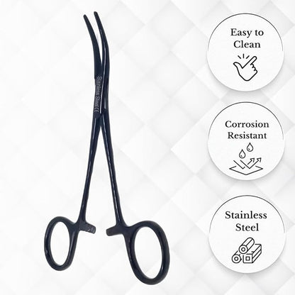HTI Dog CAT PET Hair Puller Remover Stainless Steel Hemostat Locking Forceps 5.5" Curved Full Serrated (Black)