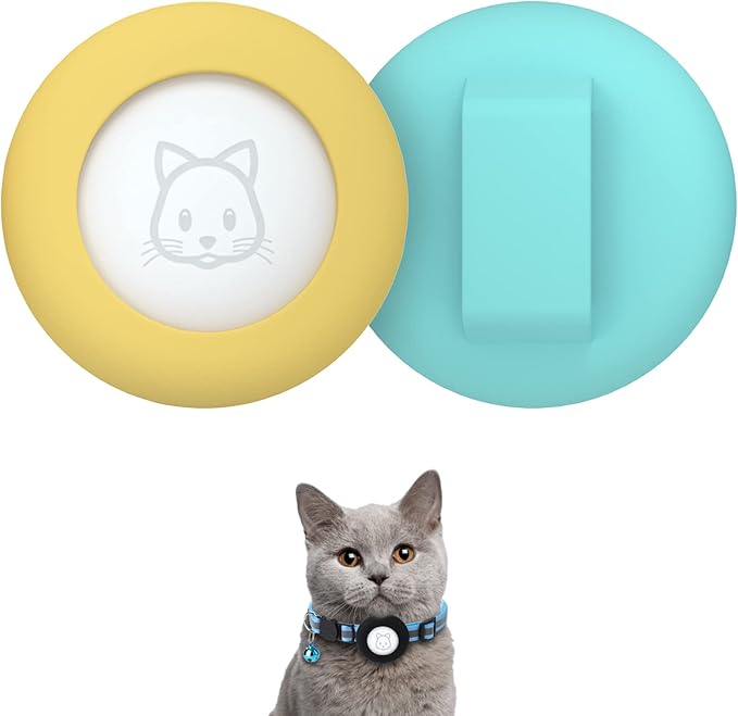 SimpleThings Compatible with Airtag Cat Collar Holder, Small Collar Holder Compatible with Apple Air Tag GPS Tracker, 2Pack Waterproof Case Cover for Cat Dog Pet Collar Within 3/8 inch (Teal&Yellow)