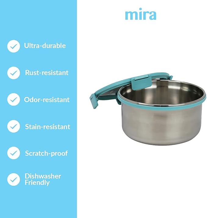 MIRA 6 Cup Stainless Steel Salad Bowl - Portable Lunch Container with Secure Lid - To-Go Size, Frost