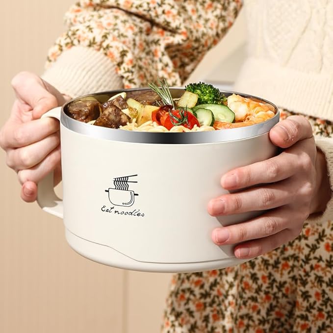 1700ml Heat-Insulated 304 Stainless Steel Ramen Bowl with Phone Holder Lid – BPA-Free, Portable Lunch Bowl for Camping, RV, Hiking, Office & Travel (Gray)