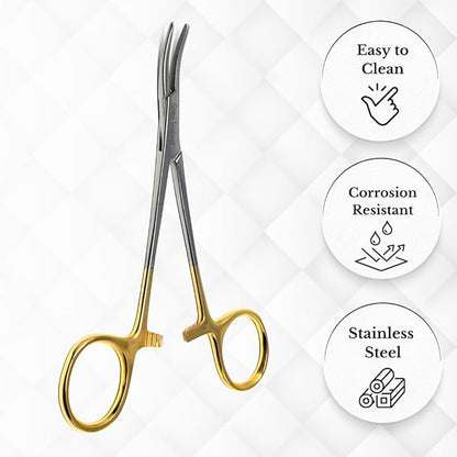 HTI Dog CAT PET Hair Puller Remover Stainless Steel Hemostat Locking Forceps 5.5" Curved Full Serrated (Gold Handle)