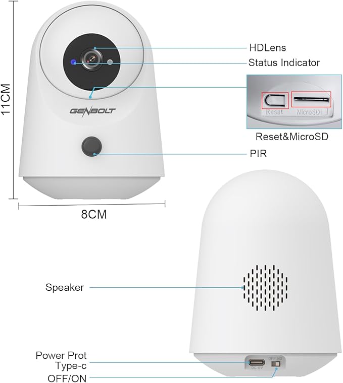 GENBOLT 2K WiFi Indoor House Security Camera Wireless, Pan Tilt Pet Camera with 5000mAh Battery Powered, IP Camera CCTV Nanny Dog Cam Baby Monitor with PIR Detection