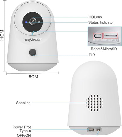 GENBOLT 2K WiFi Indoor House Security Camera Wireless, Pan Tilt Pet Camera with 5000mAh Battery Powered, IP Camera CCTV Nanny Dog Cam Baby Monitor with PIR Detection