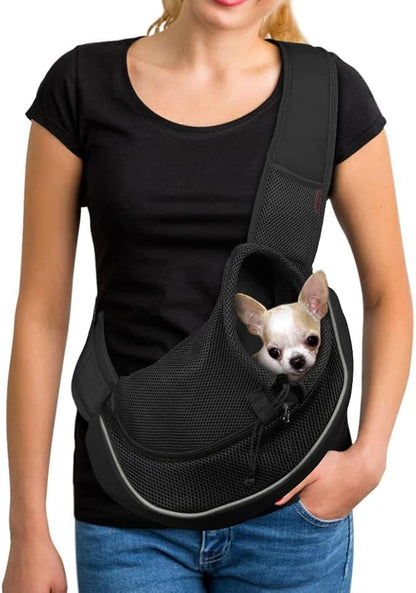 YUDODO Pet Sling Carrier for 2-5 lbs Small Dogs & Cats – Hands-Free Puppy Carrier with Safety Hook, Large Zipper Pocket, Soft Breathable Mesh, Adjustable Strap & Reflective Strip (Black 2.0 S)