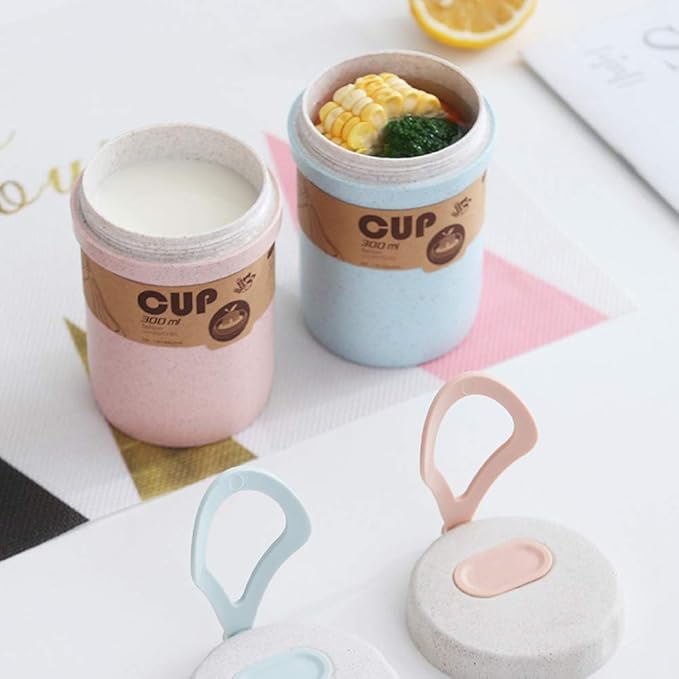 LZYMSZ 2PCS Wheat Straw Soup Cup, 300ml Portable Microwaveable Breakfast Cup, 2 Colors Porridge Lunch Box with Spoon for Office Outdoor Travel (Blue and Pink)