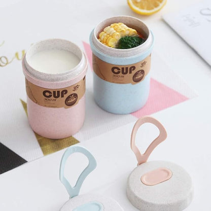LZYMSZ 2PCS Wheat Straw Soup Cup, 300ml Portable Microwaveable Breakfast Cup, 2 Colors Porridge Lunch Box with Spoon for Office Outdoor Travel (Blue and Pink)
