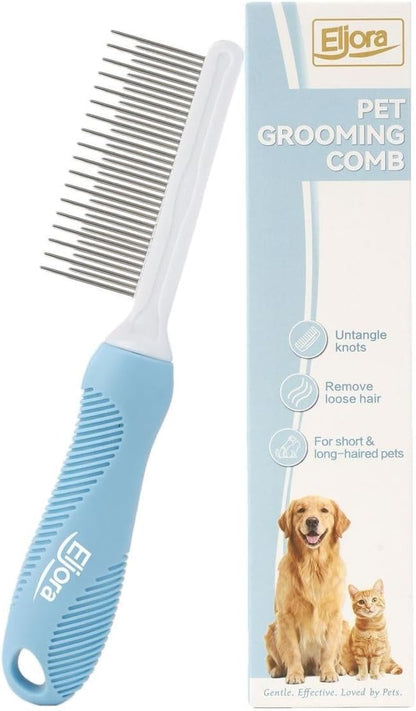 Pet Grooming & Dematting Comb – Stainless Steel Teeth, Non-Slip Grip, Removes Mats & Tangles, Gentle Deshedding Tool for Long & Short Hair Dogs & Cats