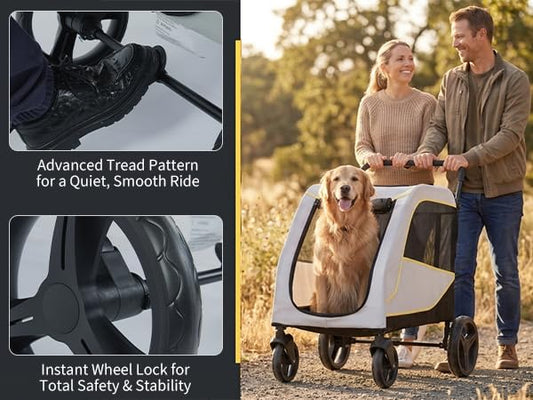 3.6x2.3x3.5Ft Dog Stroller for Large and Medium Dogs, Easy-Fold Dual Entry Pet Wagon with One-Foot Brake, All-Terrain Cart with Air Mesh for Senior Pets Up to 176 Lbs