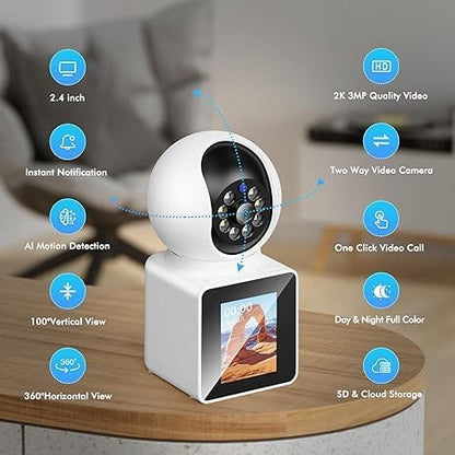 Home Two Way Video Camera, 2.4" Indoor 2K Cameras for Baby & Elderly Care, Pet/Dog/Cat Cam, AI Siren Security, Night Vision, Phone App, 2.4Ghz WiFi Only