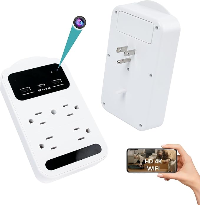 2026 Upgraded 4K WiFi Nanny Cam Hidden Camera with Night Vision,Wireless Outlet Charger Camera,Motion Detection|SD Storage Indoor Camera for Pet|Home|Office (White)