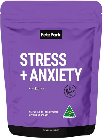 Petz Park Stress + Anxiety Dog Calming Supplement 90 Scoops, Anxiety Supplement, Dog Calming Supplement for Stress Support, Calming Food Topper for Dry or Wet Food, Made in Australia, 6.4oz Powder