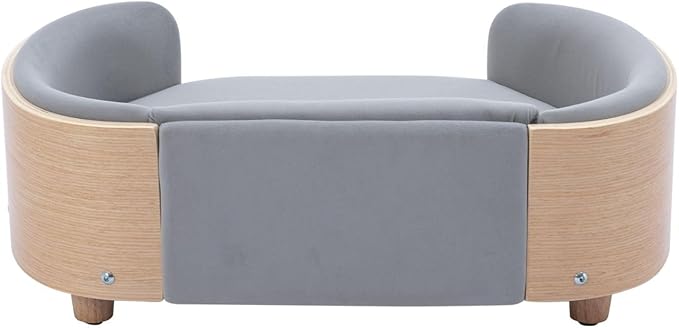 Velvet Dog Bed Pet Sofa with Solid Wood Legs and Bent Wood Back, Stain-Resistant Cushion in Multiple Colors - Luxury Pet Furniture for Cats and Dogs, Light Grey