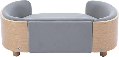 Velvet Dog Bed Pet Sofa with Solid Wood Legs and Bent Wood Back, Stain-Resistant Cushion in Multiple Colors - Luxury Pet Furniture for Cats and Dogs, Light Grey