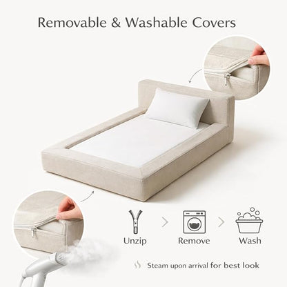 Mini Cloud Bed - Removable and Washable Covers - Toddler Baby Pet Dog Cat Nursery - Upholstered Minimalist Modern Luxury (Waterproof Taupe, Small)