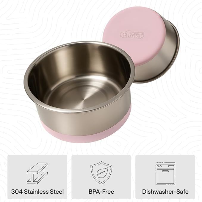 GORILLA GRIP Dog Bowls, Food Grade 304 Stainless Steel, Holds 8 Cups Each (64 fl oz) Food and Water Bowl for Feeding Dogs and Cats, Dishwasher Safe, Rust Resistant, BPA Free Rubber Base Set of 2 Pink