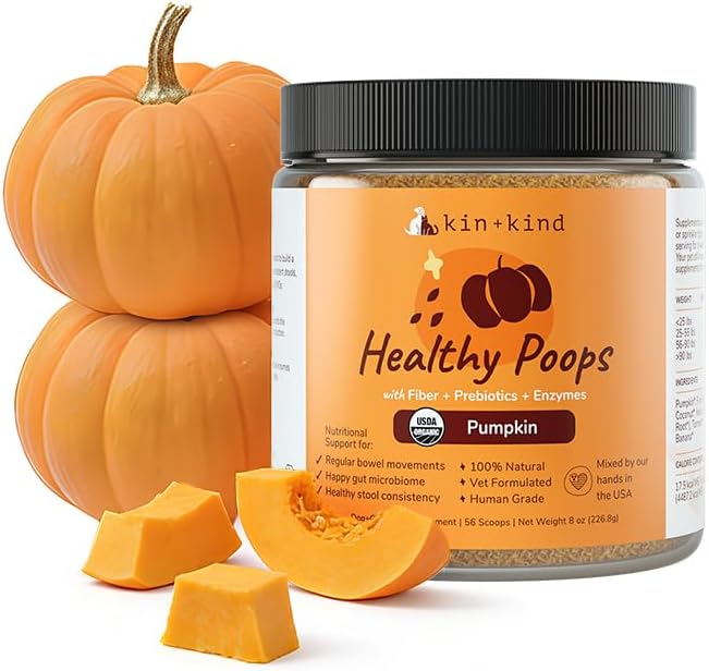 kin+kind Healthy Poops - Organic Pumpkin Powder for Dogs and Cats - Digestive and Probiotic Support w/Prebiotics & Fiber Powder - Cat & Dog Vitamins and Supplements for Sensitive Stomach - 8 oz