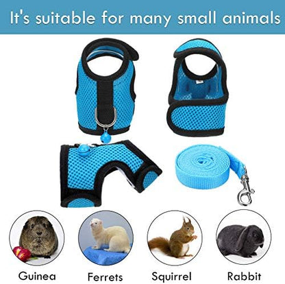 SATINIOR 2 Sets Guinea Pig Harness and Leash Adjustable Soft Mesh Harness Bell No Pulling Comfort Vest for Baby Ferret Rats Hamster Bunny Rabbit Chinchilla and Small Pet(Blue, Black,M)