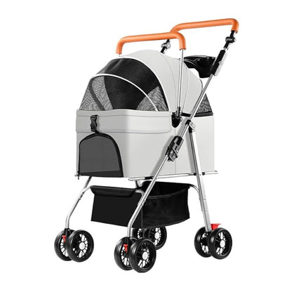 YYW Pet Stroller for Small Dogs & Cats, 3 in 1 Foldable Kittens Puppies Travel Strolling Cart with Removable Carrier, Cup Holder, Storage Basket & Lockable Wheels(Gray)