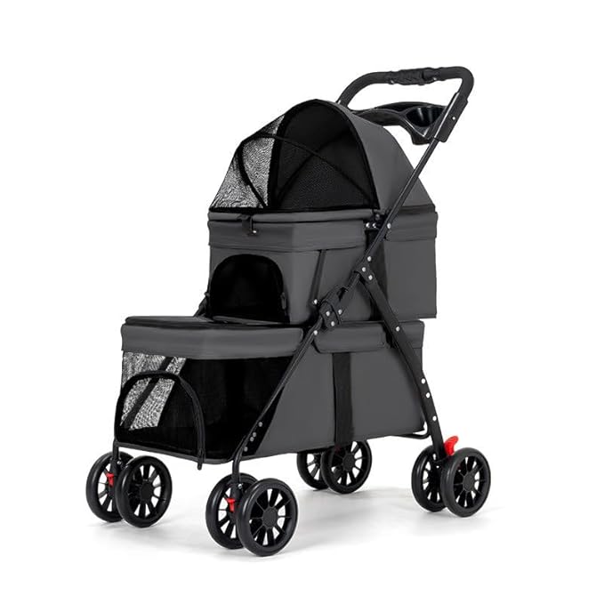 YYW Double Pet Stroller for Dogs and Cats, One-Hand Foldable Dog Stroller with Cup Holder