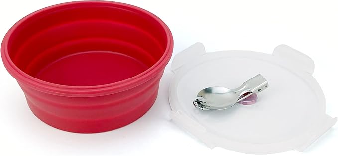 1200ml Large Camping Bowl with Foldable Spoon, Collapsible Bowl With Lid, Silicone Bento Box Container, For Travel Camping Meal Prep & Food Storage, Microwave Dishwasher Safe, Red