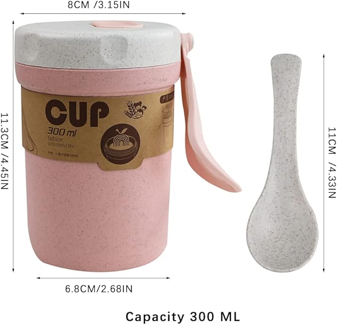 LZYMSZ 2PCS Wheat Straw Soup Cup, 300ml Portable Microwaveable Breakfast Cup, 2 Colors Porridge Lunch Box with Spoon for Office Outdoor Travel (Blue and Pink)