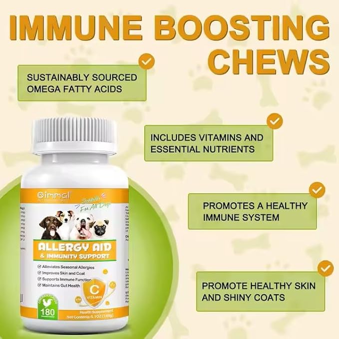 Dog Allergy Aid Immune Support Supplement, 180 Count, Natural Supplements with Omega-3, Probiotics, Vitamins for Skin, Coat & Seasonal Allergies