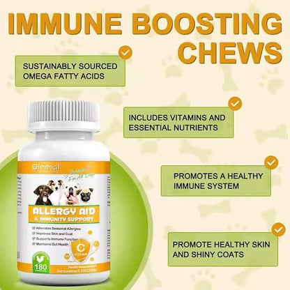 Dog Allergy Aid Immune Support Supplement, 180 Count, Natural Supplements with Omega-3, Probiotics, Vitamins for Skin, Coat & Seasonal Allergies