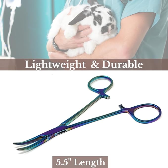 HTI Dog CAT PET Hair Puller Remover Stainless Steel Hemostat Locking Forceps 5.5" Curved Full Serrated (Multicolor)