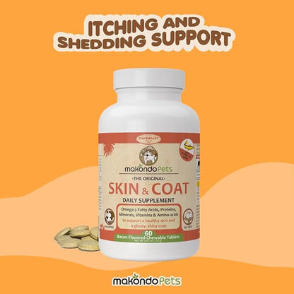 Skin and Coat Supplement with Fish Oil and Omega 3 for Dogs and Cats - Dog Itch Relief Pet Supplement for Shedding, Dry Itchy Skin and Allergies - Dog Allergy Treatment Vitamins (60 Tabs)