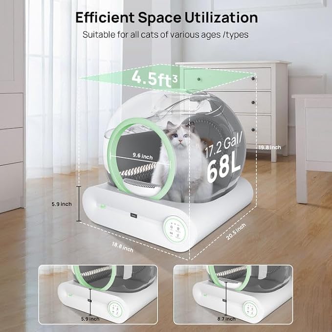 Self Cleaning Litter Box, 2026 Upgraded Automatic Cat Litter Box, Includes 2 roll Liners, 65L+9L Large Capacity Box Robot, Suitable for Medium Cats and Kittens, APP Control - Green