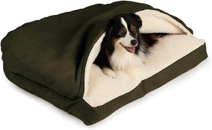 Snoozer Rectangle Cozy Cave Dog Bed - Indoor Dog Bed with Cover Cave, Covered Calming Burrow for Medium & Large Sized Pets with Blanket Attached, Enclosed, Washable Cover - Large, Olive