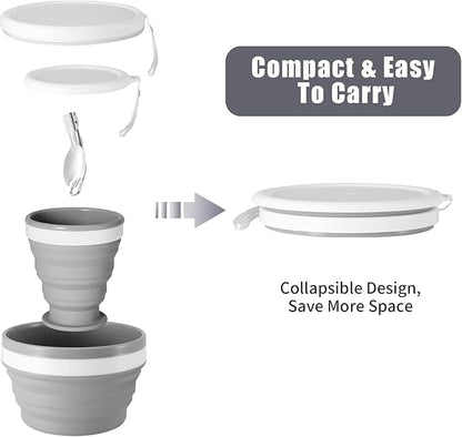 Odoland Camping Collapsible Silicone Cup and Bowl Set, Portable Mess Kit with Stainless Steel Spork and Lid for 1 Person Backpacking, Family Cookware, Hiking, Picnic, Travel