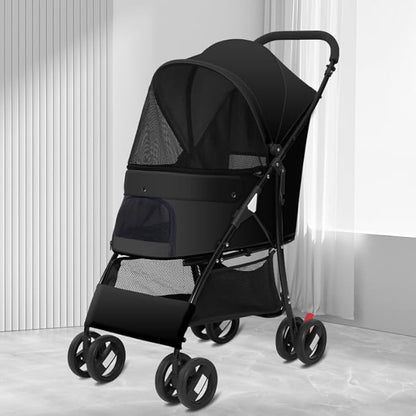 4 Wheels Pet Stroller,Easy-Foldable Dog Cat Cage Jogger Stroller with Weather Cover for All-Season,Storage Basket and Visible Mesh for Small/Medium Pets up to 33lbs (Black)