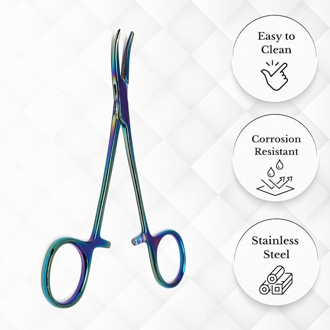 HTI Dog CAT PET Hair Puller Remover Stainless Steel Hemostat Locking Forceps 5.5" Curved Full Serrated (Multicolor)