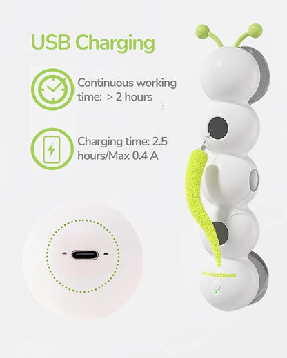 Interactive Caterpillar Cat Toy, Motion Sensor, Simulation of Biological Trajectory, USB Charging, Stable Suction Cup, Interactive Cat Feather Toy for Indoor Cats, Caterpillar Smart Toy with 2 Tails